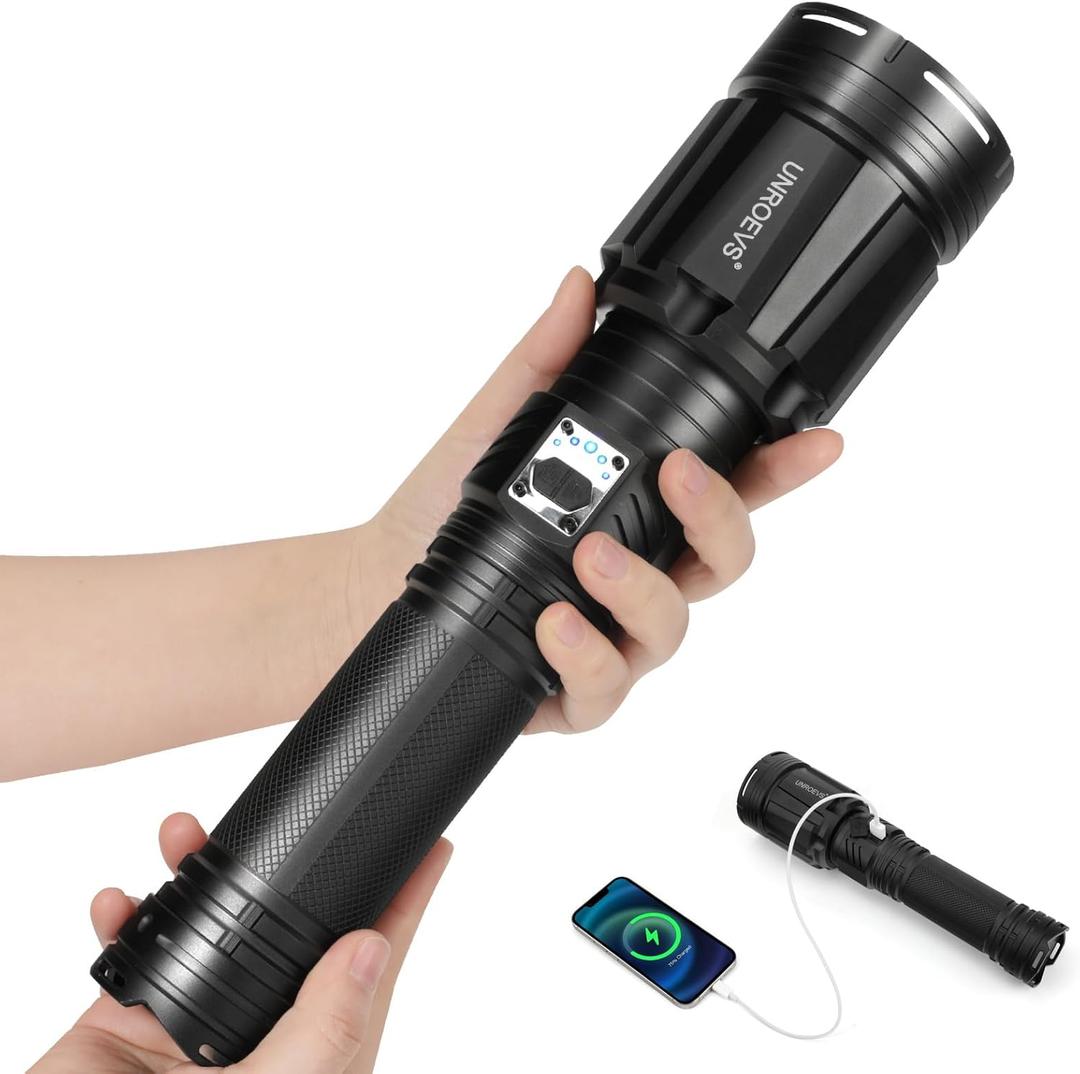 Brightest Flashlight 35000 Lumens, Most Powerful Flashlight with 28000mAh Battery, Super Bright Tactical Flash Light with Adjustable Zoom, USB Outpot, Shoulder Strap for Outdoor, Camping, Emergency
