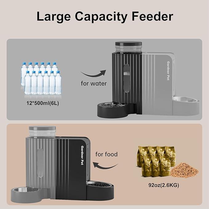 Gardner Pet Automatic Gravity Cat Food Feeder and Water Dispenser Stainless Steel Two-in-One Set Large Capacity Dispenser for Pets Dogs, Puppies, Kittens, Rabbits, Dark Grey, 3L