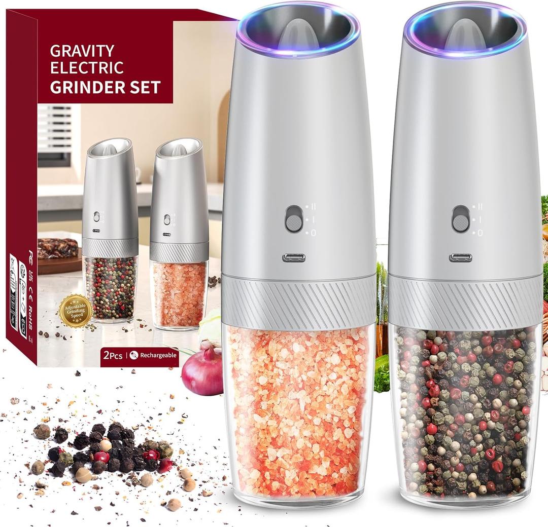 CIRCLE JOY Gravity Electric Salt and Pepper Grinder Set with 2-Speed, Rechargeable Salt and Pepper Grinder Set, Adjustable Coarseness, Whiet LED Light