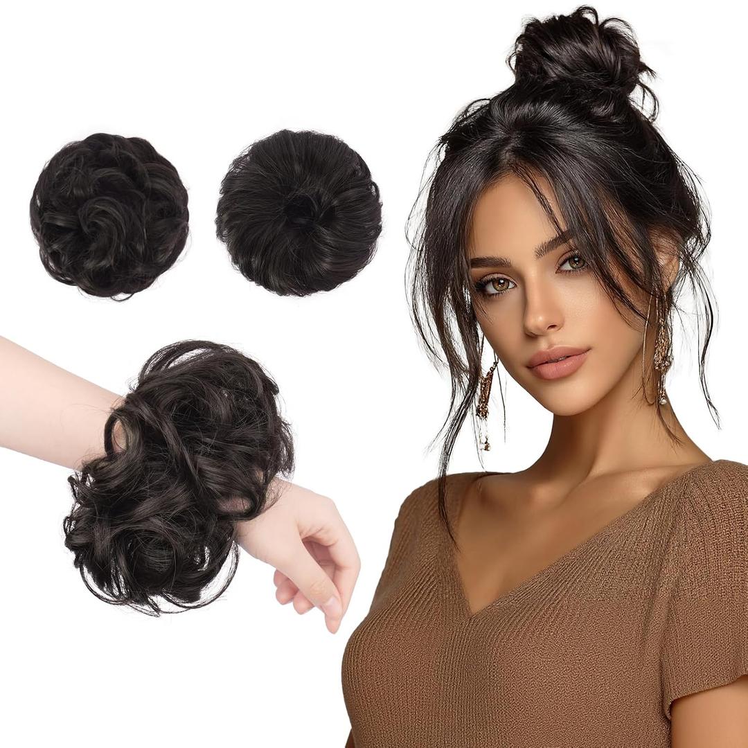 FESHFEN 2PCs Small Messy Bun Hair Piece for Thin Hair Women Girl Mini Synthetic Elastic Wavy Space-bun Scrunchies Updo Hairpieces, Brown Black