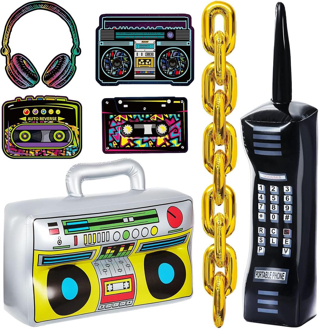 Zhanmai 26 Pieces 80s 90s Party Decorations Inflatable Boombox Radio Mobile Phone Gold Foil Chain Balloons 80s 90s Props Retro Cassette Headphones Player Cutouts for Hip Hop Party Supplies