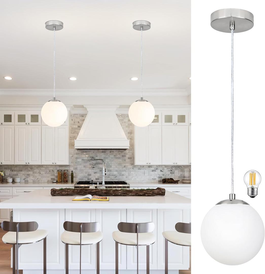 KoKo&Yukina 6 Inch Globe Pendant Light Nickel Globe Pendant Lights Kitchen Island Mid Century Light Fixture with Milky White Glass Shade for Dining Room Living Room KoKo&Yukina 6 Inch Globe Pendant Light Nickel Globe Pendant Lights Kitchen Island Mid Century Light Fixture with Milky White Glass Shade for Dining Room Living Room
