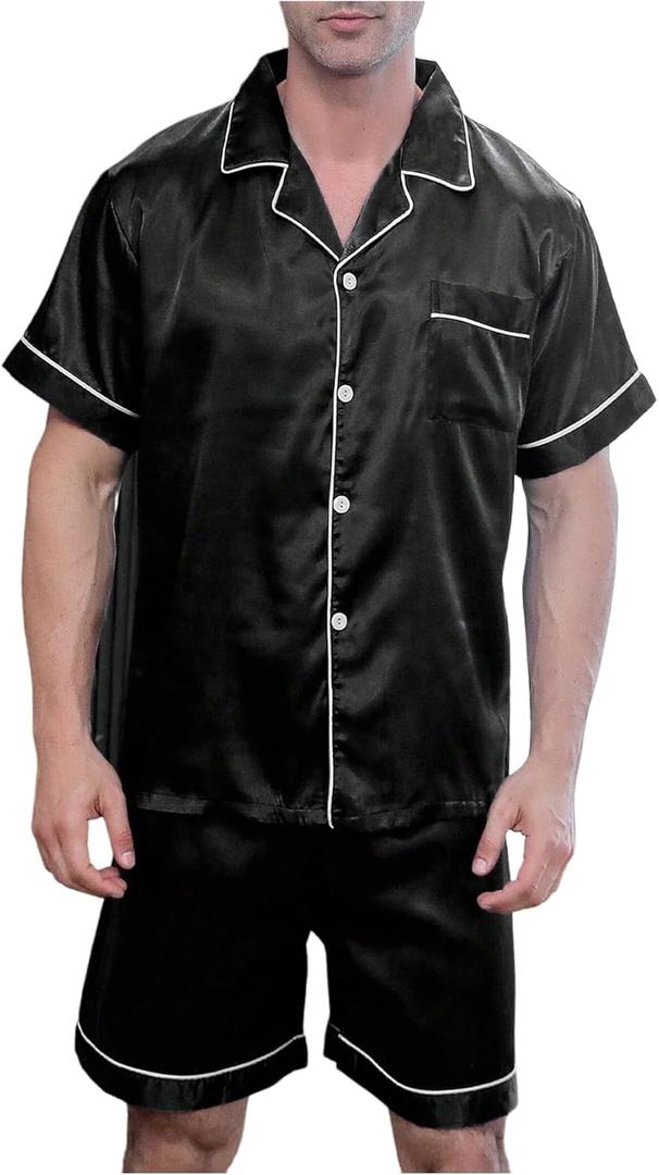 WDIRARA Men's 2 Piece Leopard Print Satin Pajama Set Button Down Short Sleeve Shorts Loungewear Sets (XX-Large, Black)