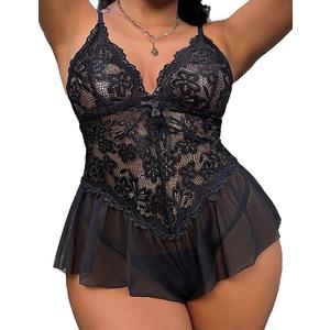 Avidlove Plus Size Lingerie for Women Lace Bodysuit One Piece Teddy Babydoll Mesh Chemise V Neck Sleepwear, M