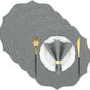 Cotton Linen Round Placemats Set of 4, HADEEONG Table Mats Cloth Placemats, Washable Wrinkle Resistance, Scalloped & Embroidered Fabric Placemats, 15.5 inch (Dark Grey, 4)