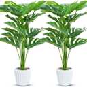 Set of 2 Fake Plants 28" Tall Artificial Monstera Deliciosa with 18 Leaves in White Pot for Home Office Decor