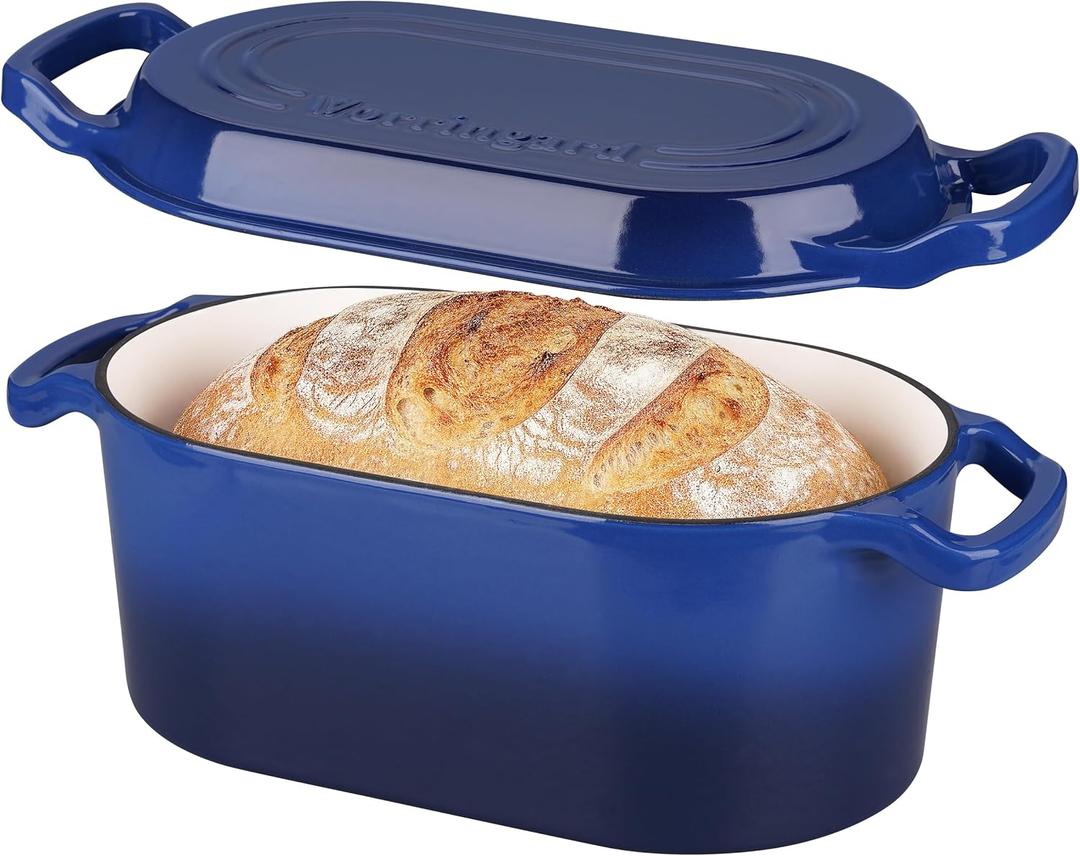 VORRINGARD Oval Dutch Oven Pot with Lid, Enamel Coating Cast Iron Bread Pans for Homemade Sourdough Bread Baking, Cooking, 4 Quart, Blue