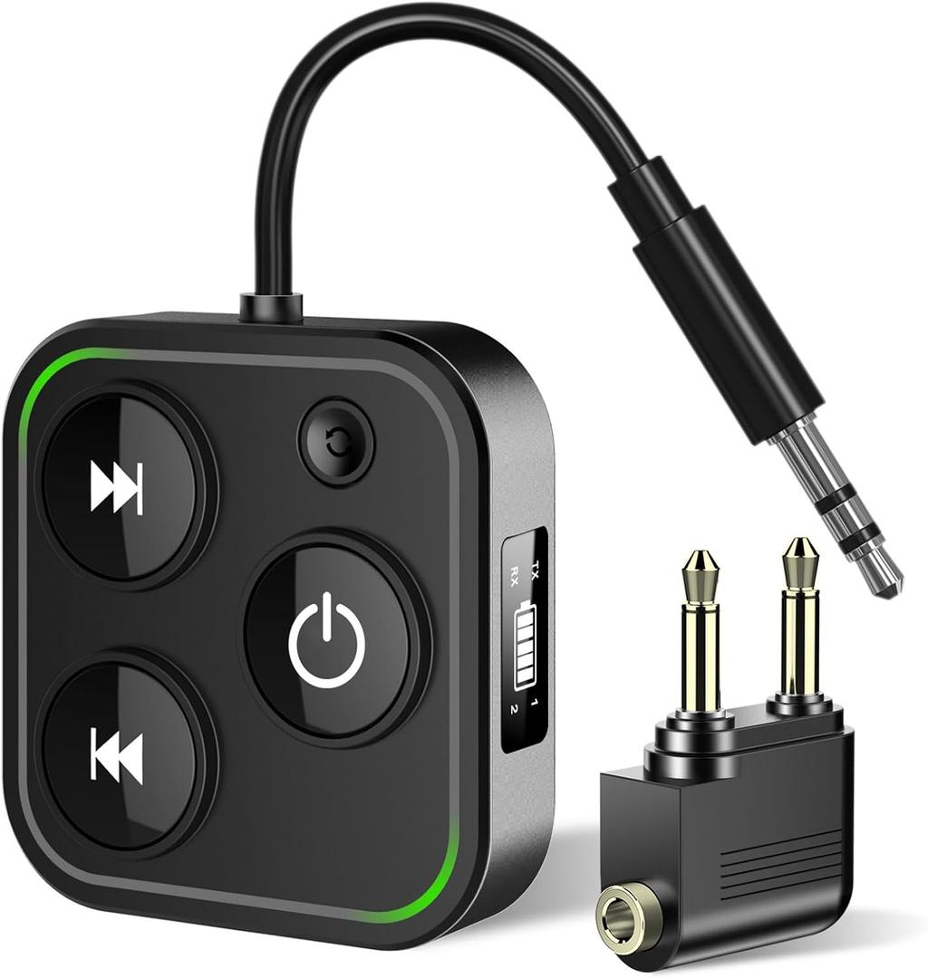 2026 Bluetooth 5.4 Transmitter & Receiver, 2-in-1 Wireless Adapter for Airplane & Headphone, Dual Link, Fast TX/RX Switch, Type-C, Battery Indicator, Built-in Mic & LED Light for TV/PC/Car