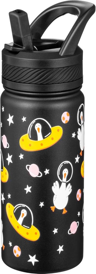 Fanhaw 18 Oz Kids Insulated Water Bottle with Straw - Stainless Steel Double Wall Vacuum Cup, Leakproof, BPA Free, Suitable for Boys and Girls (Black - Duck in Space)