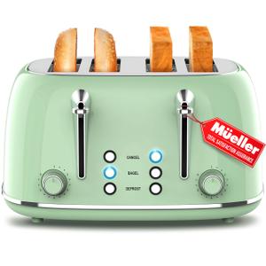 Mueller Retro Toaster 4 Slice with Extra Wide Slots Bagel, Defrost, and Cancel Function, 6 Browning Levels, Dual Independent Controls, Removable Crumb Tray and High Lift Levers, Sage Green