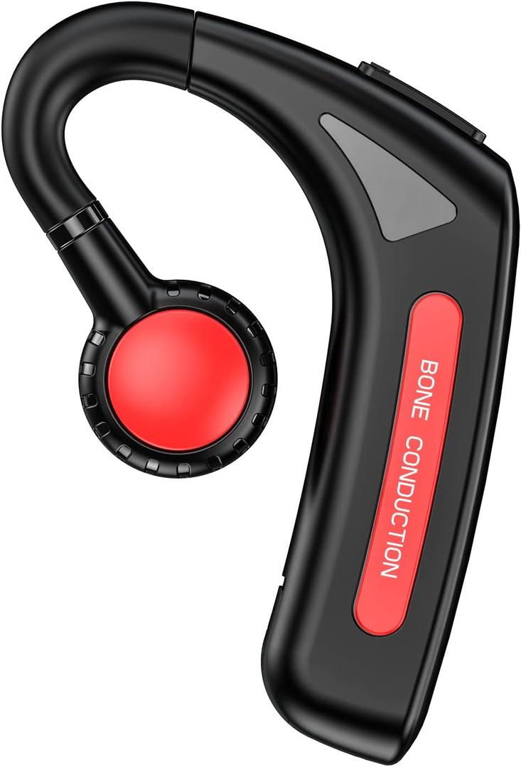 Open Ear Headphones Bluetooth Single Bone Conduction Wireless Earbuds with Earhooks Microphone Earphones Waterproof Long Battery Life Earpiece for Workout Sports Running Android iOS Non Ear Plug Red