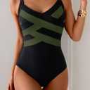One Piece Swimsuit for Women Modest Full Coverage Bathing Suit Slimming Color Block V Neck Swimwear (XXL)