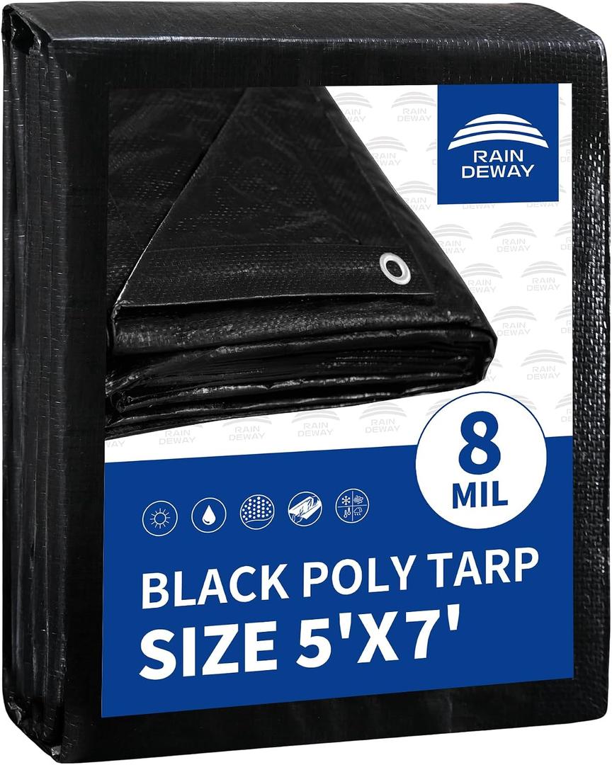 RAINDEWAY Small Black Tarp 5x7 Feet, UV Resistant, 8 Mil Multipurpose Medium Duty Waterproof Poly Tarp Cover with Metal Grommets and Reinforced Edges