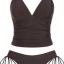 ZAFUL Women's Spaghetti Strap Tankini Swimsuits V Neck Tummy Control Tie Side Thong Bikini Swimsuits 2 Piece Bathing Suits (Brown, S)