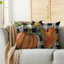 2 x Fall Thanksgiving Pillow Covers 18X18 Set of 2, Pumpkin Maple Leaf Autumn Harvest Print Buffalo Plaid Decorative Throw Pillow Covers Outdoor Farmhouse Seasonal Cushion Cases Couch Sofa Bed Decor (Burnt Orange Black-plaid)
