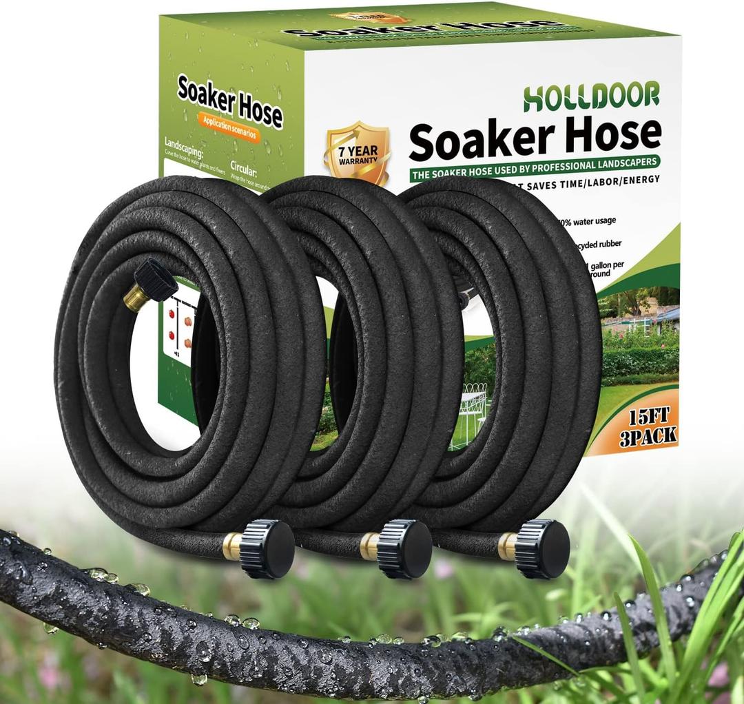 3 Pack Short Soaker Hose 15 Ft for Garden Beds, 1/2 50 ft Soaker Hose for Foundation Watering, 70% Water Saving Drip Hose Irrigation for Lawn, Landscaping, Garden (15 FEET x 3PACK, Black)
