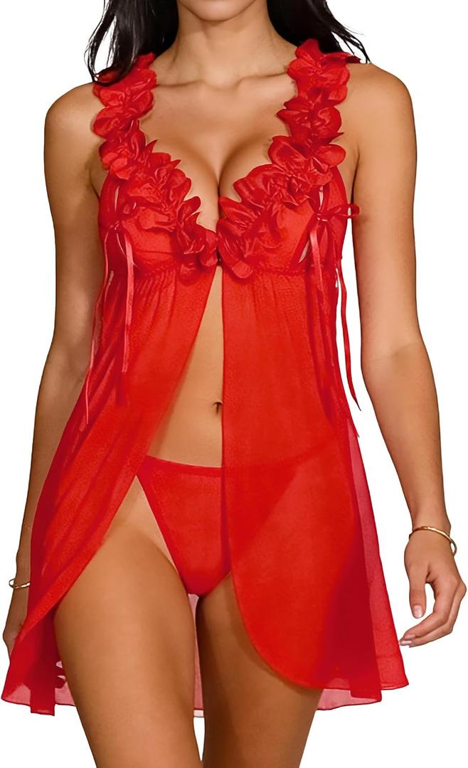 Hilinker Womens Sheer Mesh Babydoll Lingerie Ruffle Trim Deep V Open Front Nightdress with Thong Red Small (Red, S)