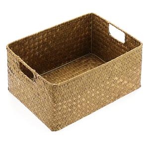 Hipiwe Seagrass Storage Basket Bin Rectangular Handwoven Wicker Storage Box with Handle Opened Baskets Box for Shelf Organizing Closet Bathroom, Caramel, Medium