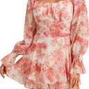 LYANER Women's Floral Print Off Shoulder Long Sleeve Ruffle Hem Romper Short Jumpsuit (Medium)