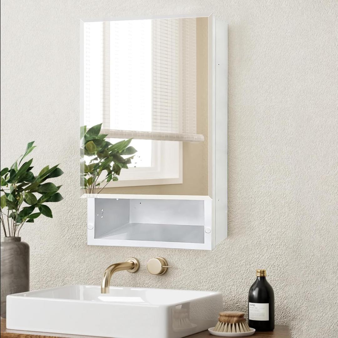 16x26 inch Bathroom Medicine Cabinet with Mirror, Platstic Framed Beveled Edge Mirror Cabinet with Removable Shelves, Extra Storage Space, Recessed or Surface Mount, CS5004-1626