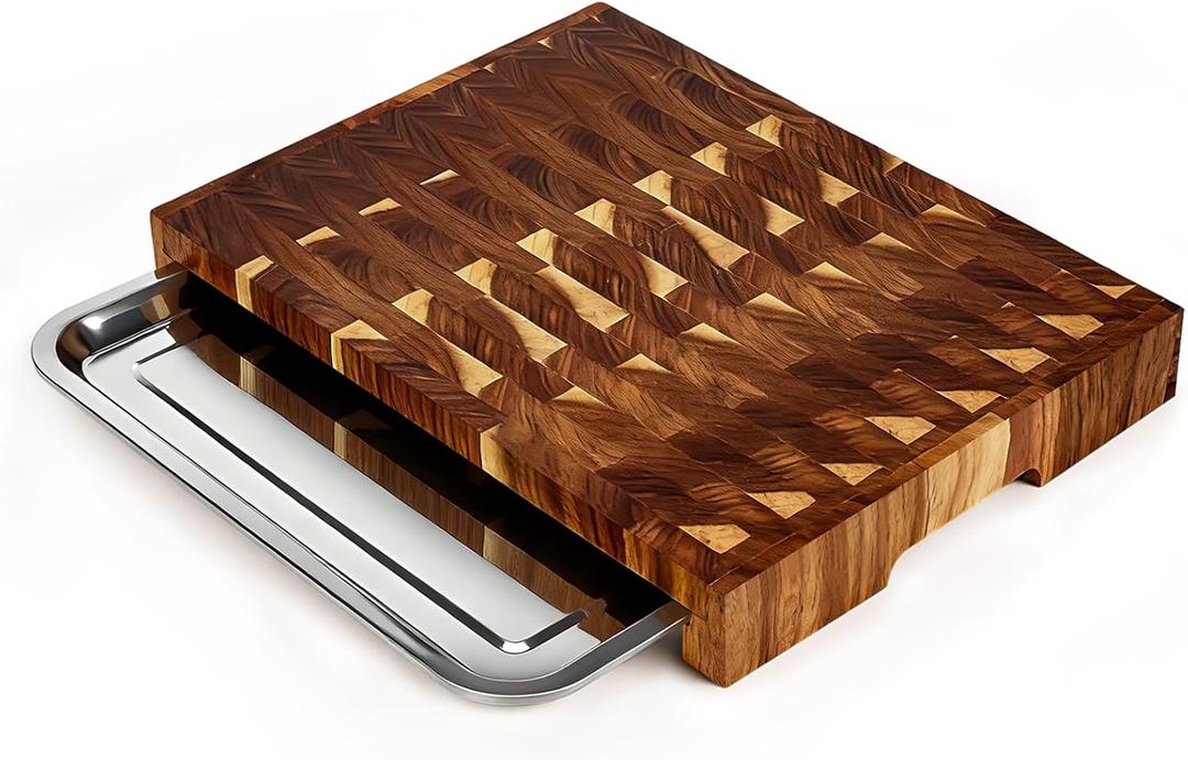 End Grain Cutting Board with Pull Out Tray,Sturdy Acacia wood cutting board for Kitchen,Wood Butcher Block for Vegetables,Cheese,Chopping,Slicing,and Dicing