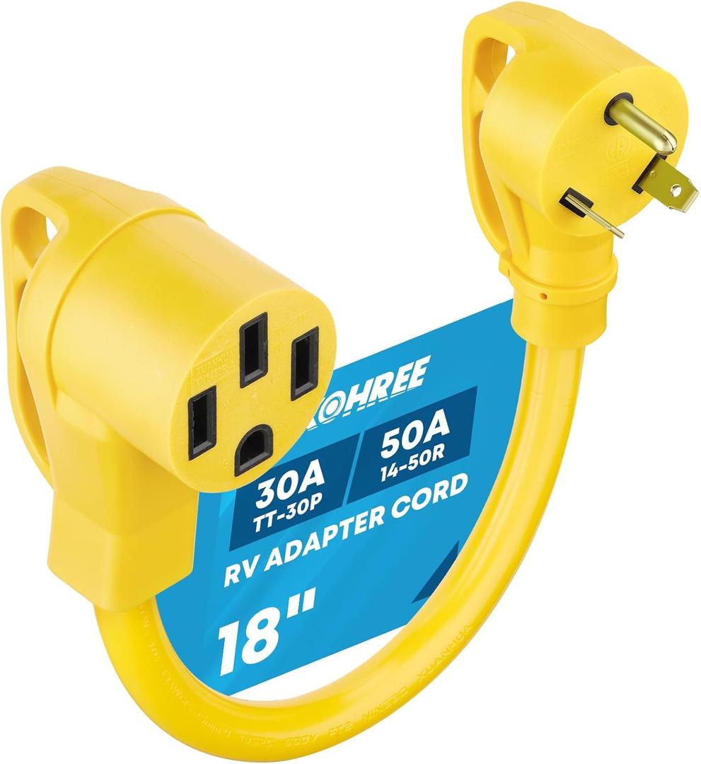 Kohree 30 Amp to 50 Amp RV Plug Adapter 18", Heavy Duty RV Dogbone Electrical Adapter 30A Male to 50A Female Power Cord with Grip Handle, 125V/3750W