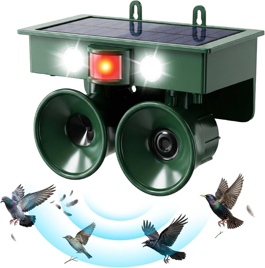 2026 Solar Ultrasonic Bird Repellent Devices Outdoor Woodpecker Deterrent for House Pigeon Goose Repellent with Motion-Sensor&Flash Light,IP65 Waterproof Bird Scare Devices for Balcony Porch Patio