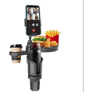 4-in-1 Car Cup Holder Expander with 360 Swivel Tray, Universal Adjustable Base for Large Mugs and Bottles, Integrated Smartphone Mount for Food and Snacks, Black