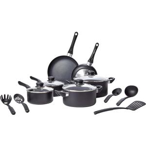 Amazon Basics Non-Stick Kitchen Cookware 15-Piece Set with Stay-Cool Handles, Even Heating, Non-Induction, Includes Pots, Pans, and Utensils, Black