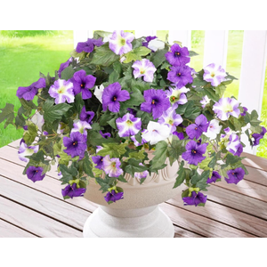 2PCS Artificial Fake Flowers Plants for Outdoors Decoration No Fade Faux Petunias UV Resistant Realistic Silk Flowers for Home Garden Balcony Yard Porch Deco (Purple White)