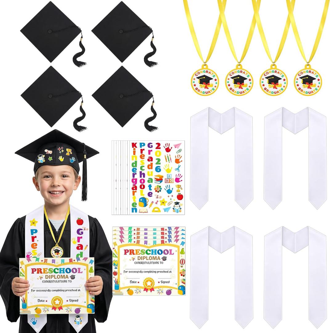 Wehhbtye 24 Pcs 2026 Preschool Kindergarten Graduation Cap Stole Iron on Letter Set, Preschool Graduation Cap Stole Decoration Includes Iron on Letters Certificate Medal for Kids Students DIY Craft