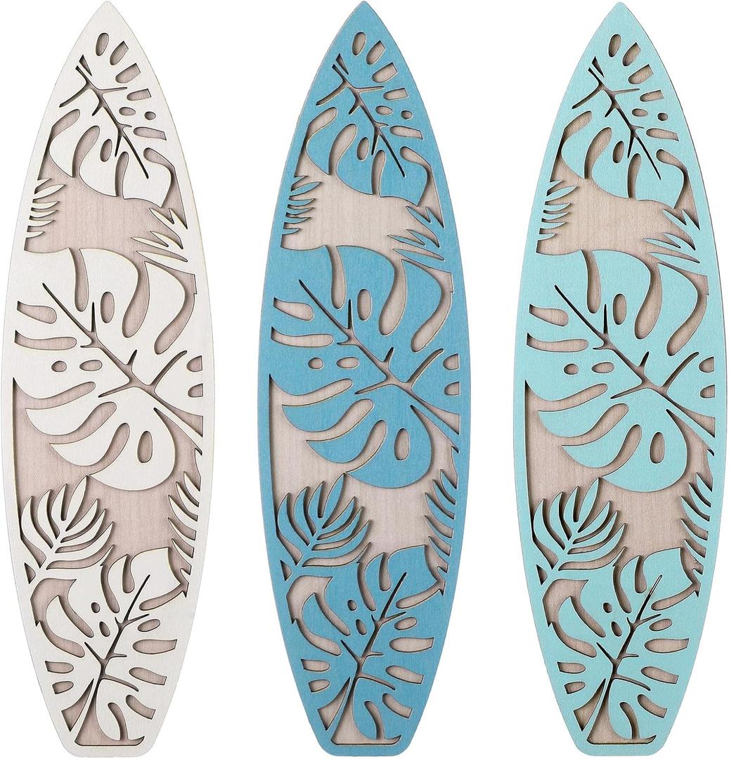 RattanView 3 Pieces Surfboard Decor for Bedroom Wooden Beach Wall Decor Summer Wood Surfboard Wall Hanging Sign for Tropical Living Room Decoration(Monstera,Blue)