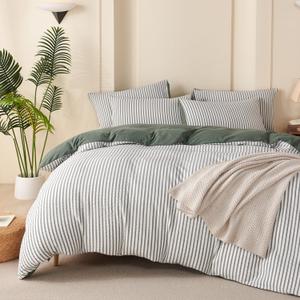 King Duvet Cover Set Striped Washed Microfiber Jacquard 3 Pieces Bedding Set, Green White Vertical Ticking Stripes Pattern Comforter Cover with Zipper Closure Breathable Durable Soft Comfy