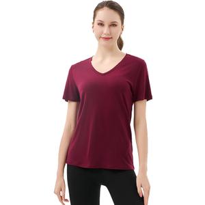 Merino Protect 100% Merino Wool V Neck T-Shirt for Women Short Sleeve Base Layers Odor Resistance Tops for Outdoor Hiking (Small, Dark Red)