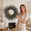 26" Lavender Wreath for Front Door, Spring Summer Lavender Door Wreath with Eucalyptus Leaves Purple Flower Wreath All Seasons for Indoor Outdoor Home Door Wall Farmhouse Decor