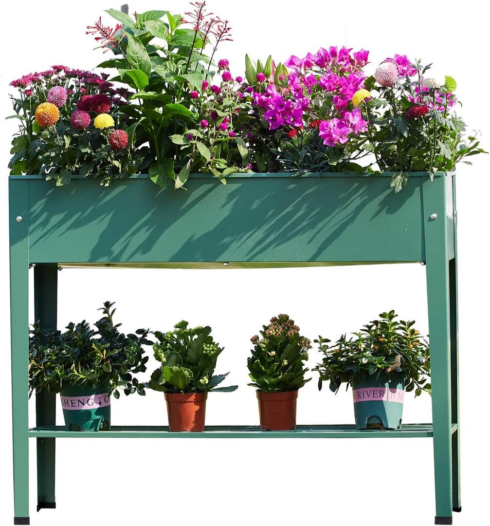 Raised Garden Bed, Elevated Green Metal Plant Box with Legs, Standing Garden Stand with Drainage Holes (40" L x 11" W x 31" H)