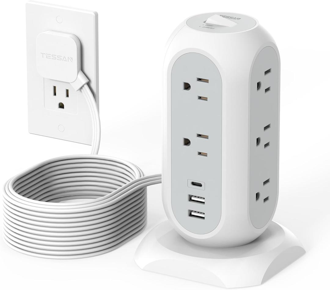 TESSAN Tower Power Strip Flat Plug with 11 Outlets 3 USB (1 USB C), Surge Protector Tower 1625W/13A,1050J Protection, 15 Feet Extension Cord with Multiple Outlets, Dorm, Office Desk Supplies, White