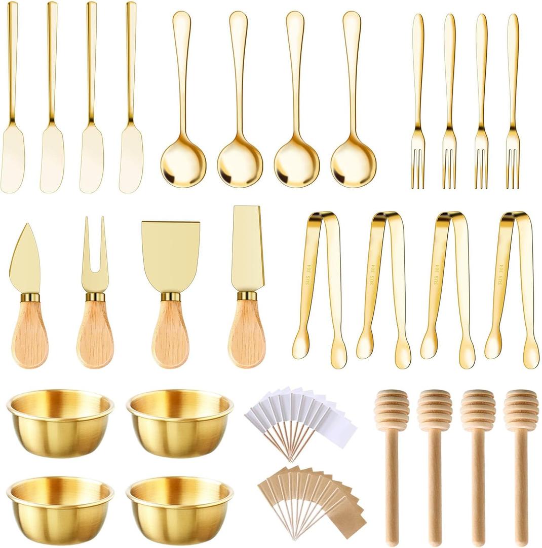 48 Pcs Charcuterie Boards Accessories Butter Spreader Knives Set Stainless Steel Cheese Mini Serving Tongs Spoons Forks Dipping Bowls Toothpick Flags Utensils for Pastry Making Wedding Christmas(Gold)