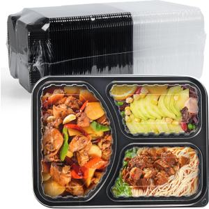EKOSAVOR Take Out Containers 38 oz 40 Pack - Shrink Wrapped 3 Compartment Leakproof Catering | BPA Free PP Plastic Microwave & Freezer Safe | Flexible Reusable Commercial Black Lunch Boxes with Lid