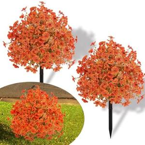 Alupssuc Set of 2 Artificial Fall Topiary Ball Flowers for Outdoor Decoration with Spike 20", UV Resistant Fake Autumn Floral Shrubs, Realistic Faux Bushes Plants for Garden, Yard, Porch and Patio Decor