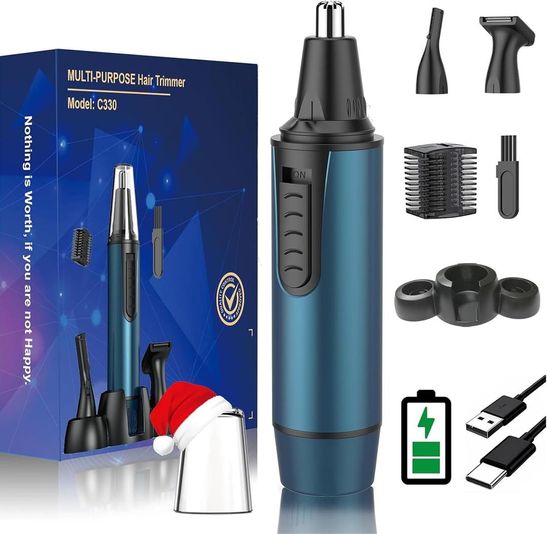 AREYZIN Nose Hair Trimmer for Men,2025 Professional 3 in 1 Painless Rechargeable Ear and Nose Trimmer,IPX7 Waterproof Eyebrow Facial Hair Trimmer Body Grooming Kit Dual Edge Blades (Blue)