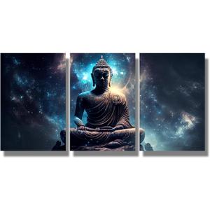 Living Room Canvas Wall Art Buddha in a Lotus Pose Cosmic Canvas Poster Prints Artwork 3 Panel Home Wall Decor Buddha Statue for Office Wall Decor Framed Ready to Hang 16x24inchx3