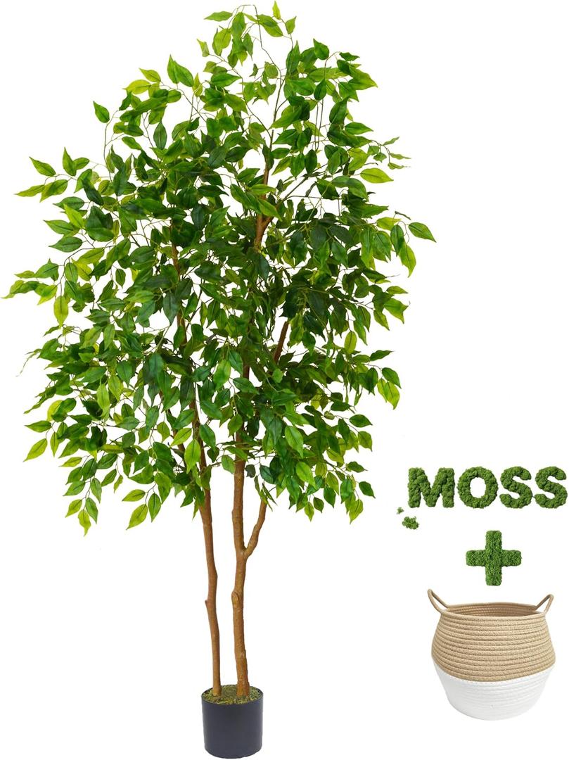 Artificial Ficus Tree 6ft Fake Floor Plant with Woven Basket