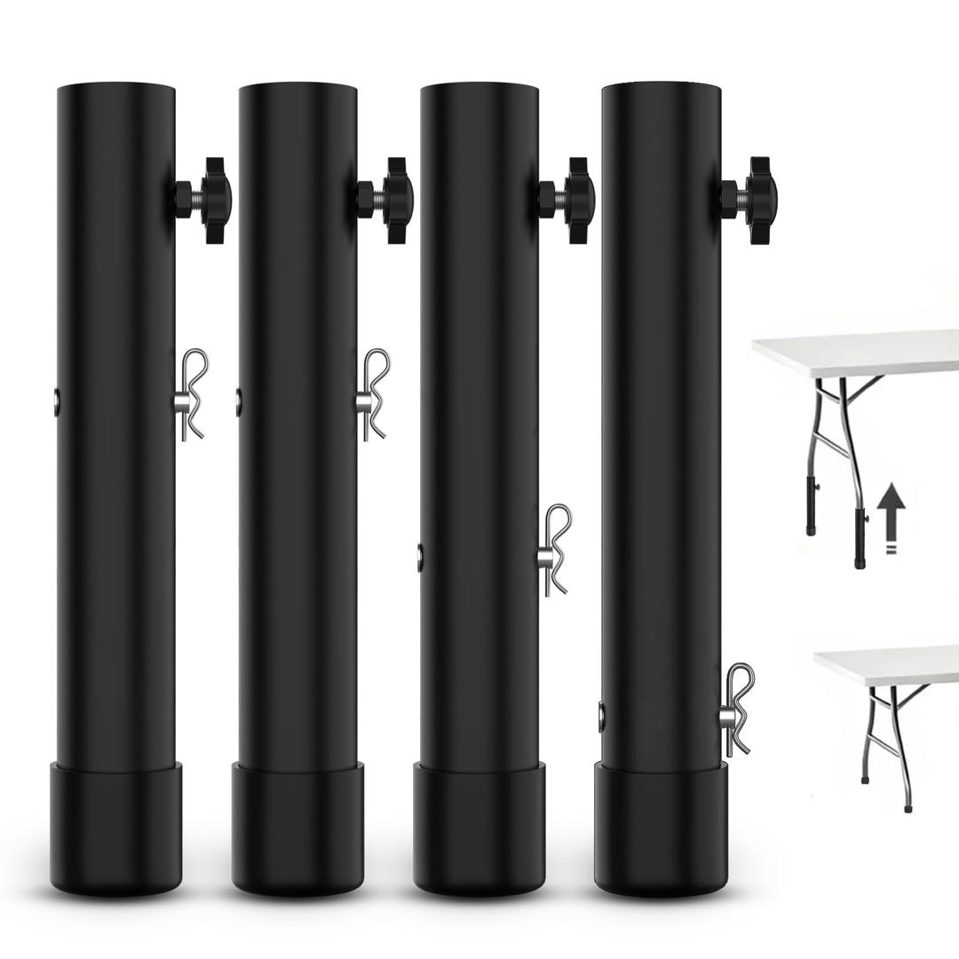 YUEYIN Table Leg Extenders for Folding Tables, 3-Level Height Adjustable Metal Table Risers (10in) for Straight/Bent Legs, Back Pain Relief & Posture Improvement, Black, 4-Pack