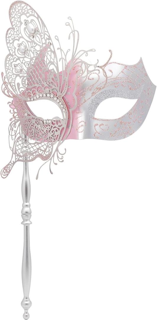Coddsmz Masquerade Mask with Stick Mysterious Venetian Mask Butterfly Mask Women Halloween Party Prom Ball Mask (Pink)