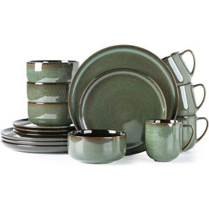 LERATIO Ceramic Dinnerware Sets for 4,16-PieceReactive Glaze Plates and Bowls Set with Mugs,Highly Chip and Crack Resistant | Dishwasher,Microwave & Oven Safe Dishes set-Green (Modern-Dark Green)
