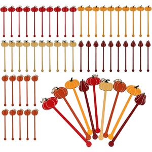 50 Pcs Pumpkin Drink Stirrers Bulk, 5.91 Inch Wooden Halloween Cocktail Picks with 5 Unique Autumn Orange Designs, Fall Party Supplies for Coffee, Beverages, Halloween Decor