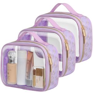 PACKISM Floral Texture TSA Approved Toiletry Bag - 180 Large Opening Clear Makeup Bags with Handle, Easily Access, Clear Travel Bags for Toiletries TSA Approved, Thick 0.5 mm, Purple (Medium)