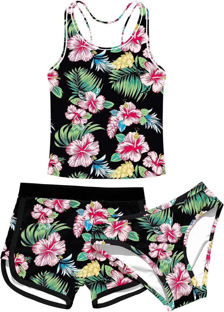uideazone 3 Piece Bathing Suits for Girls Dry Quick Hawaiian Tropical Style Swimsuit with Shorts Flower Racerback Tankini Swimwear Sets 10t -11t