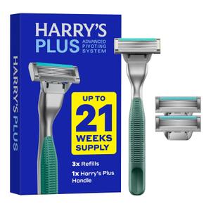 Harry's Plus Razor Shaving Kit for Men - Premium Handle and 3 Razor Blade Cartridges - Advanced Pivoting System - Moss